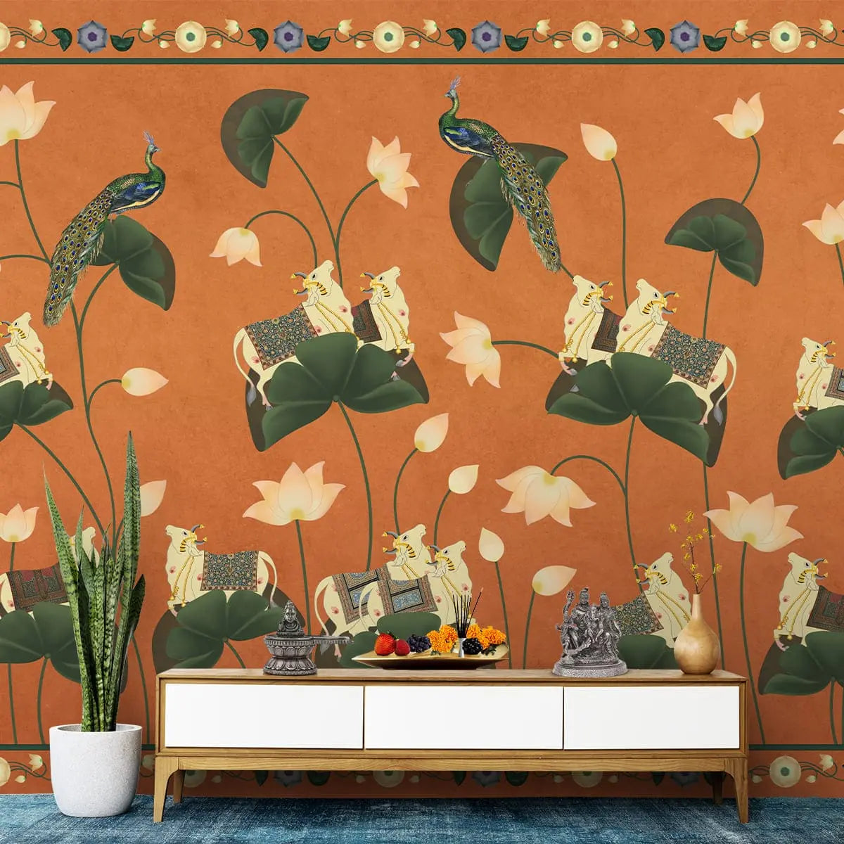 Expansive Pichwai cow wall mural designed with sacred flower elements to create a peaceful and devotional interior statement