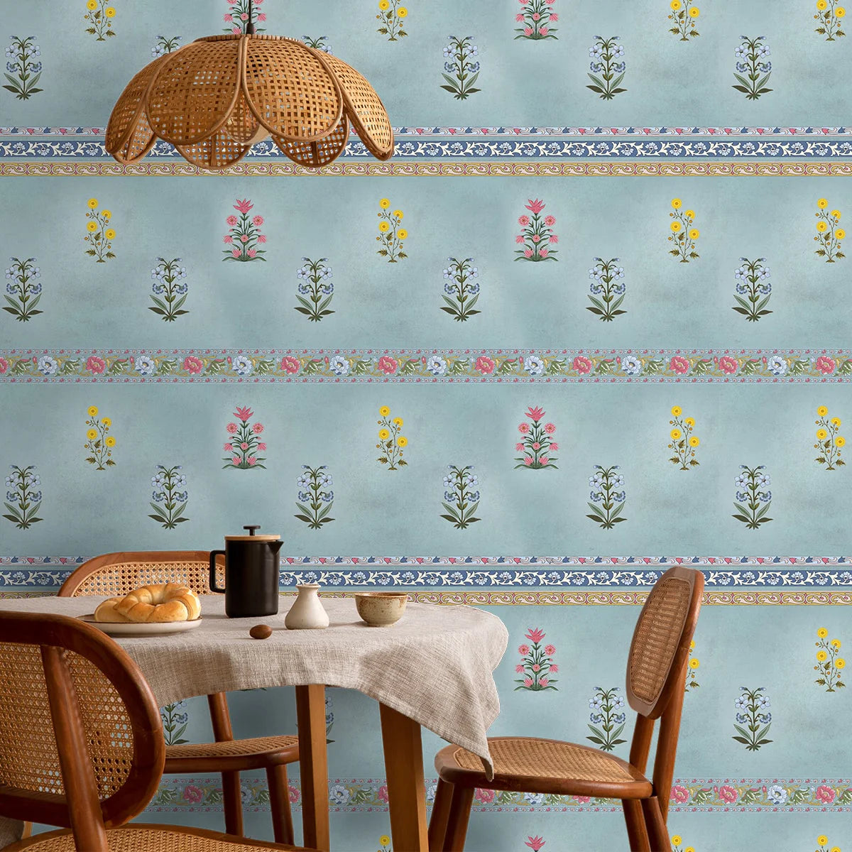 Palace Pastels Sharmana wallpaper - customized Floral patterned wallpaper with blue pink and yellow flowers