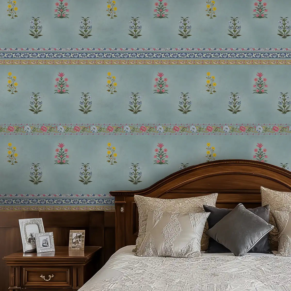 Palace Pastels Sharmana wallpaper - customized Floral patterned wallpaper with blue pink and yellow flowers for bedroom
