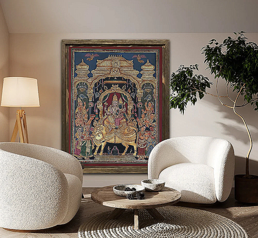 Hand Painted Shiv Darbar Tanjore Painting: 24K Gold Foil