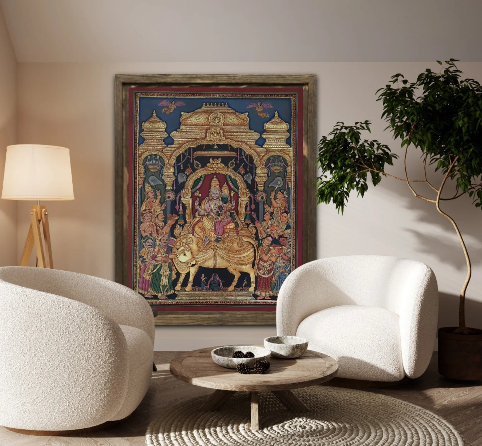 Detailed view of Shiv Darbar Tanjore painting highlighting 24K gold foil work