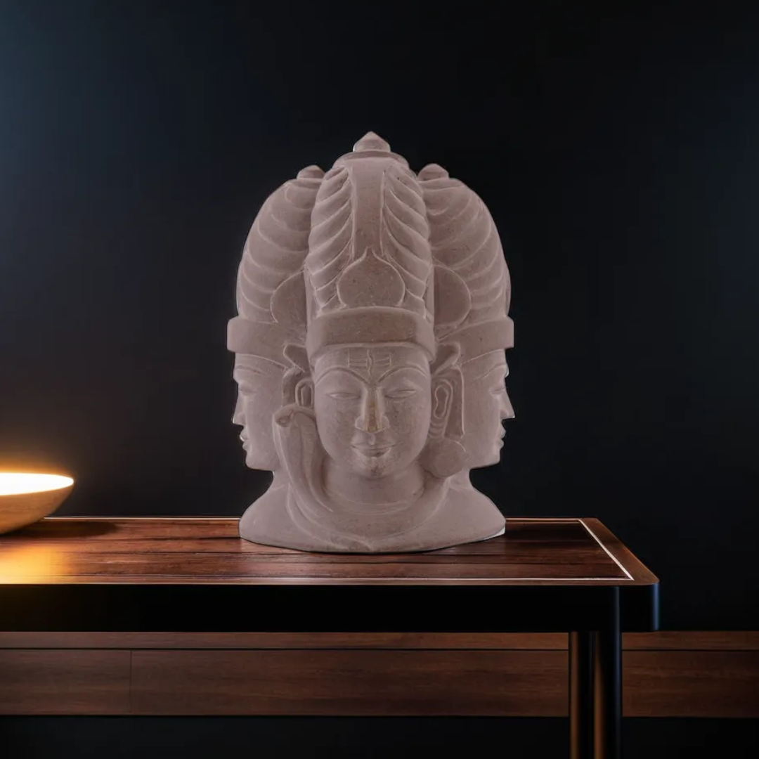 Hand carved stone Shiva trinity statue representing divine unity and spiritual power, ideal for altar or meditation spaces