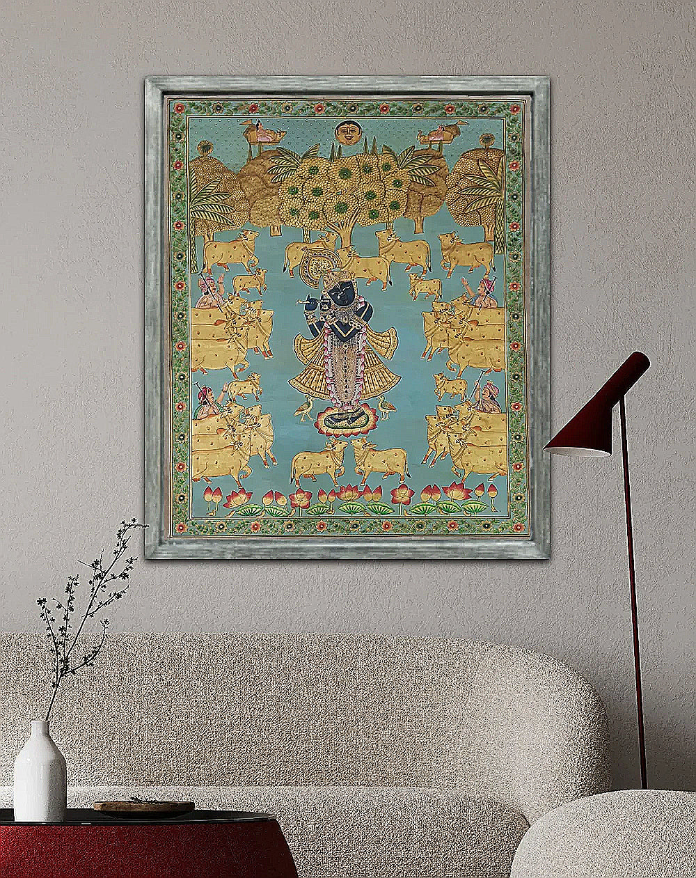 Pichwai Painting- Shrinathji with Cows- Hand Painted on Cloth