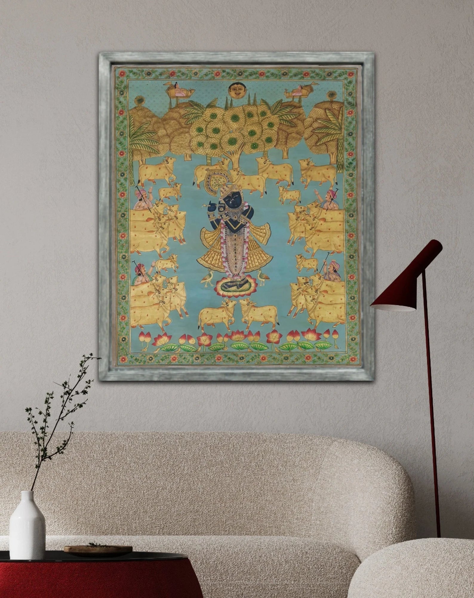 Hand-painted Pichwai artwork of Shrinathji with cows displayed as Indian heritage wall art