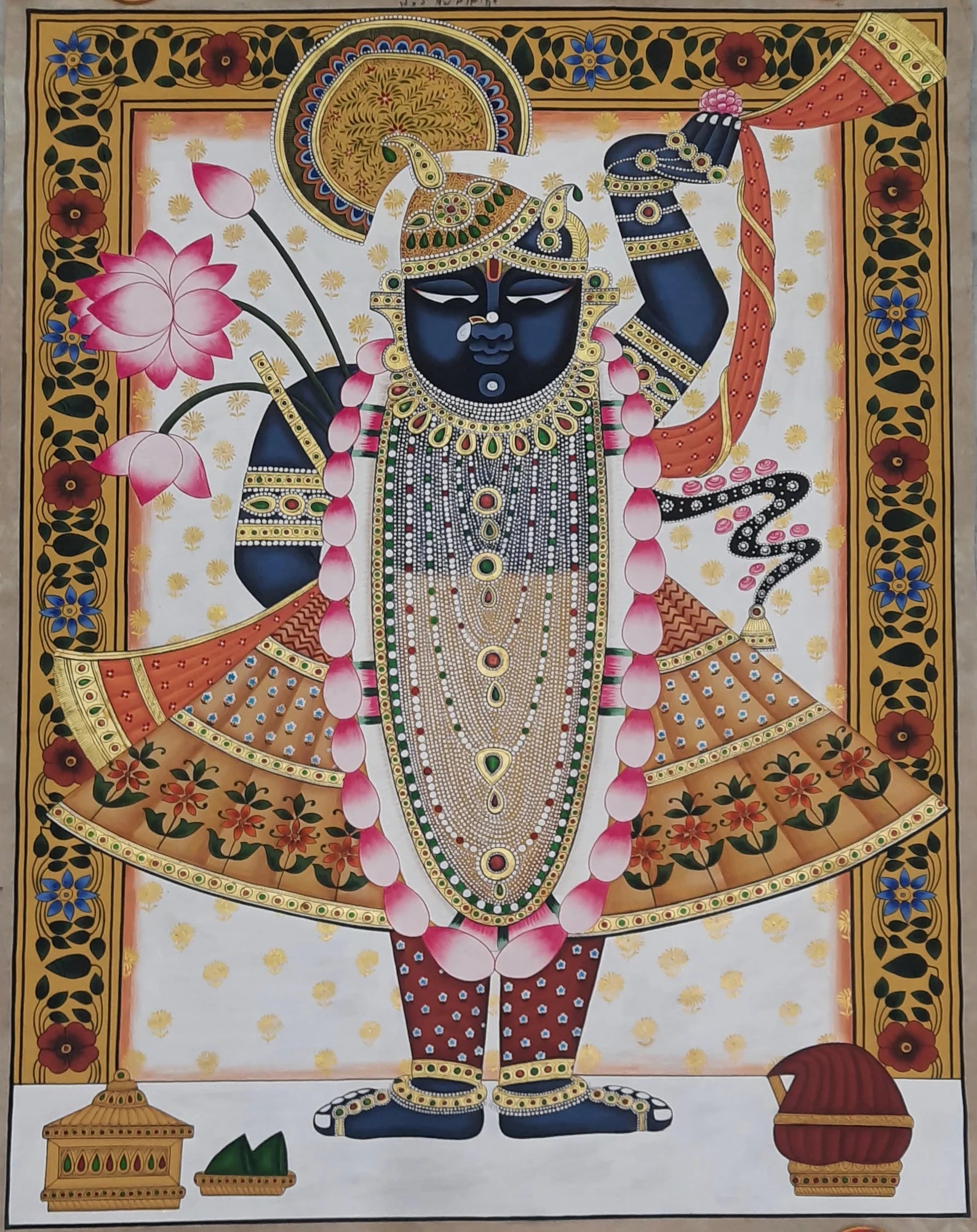 Detailed Pichwai painting of Lord Shrinathji rendered on cotton fabric