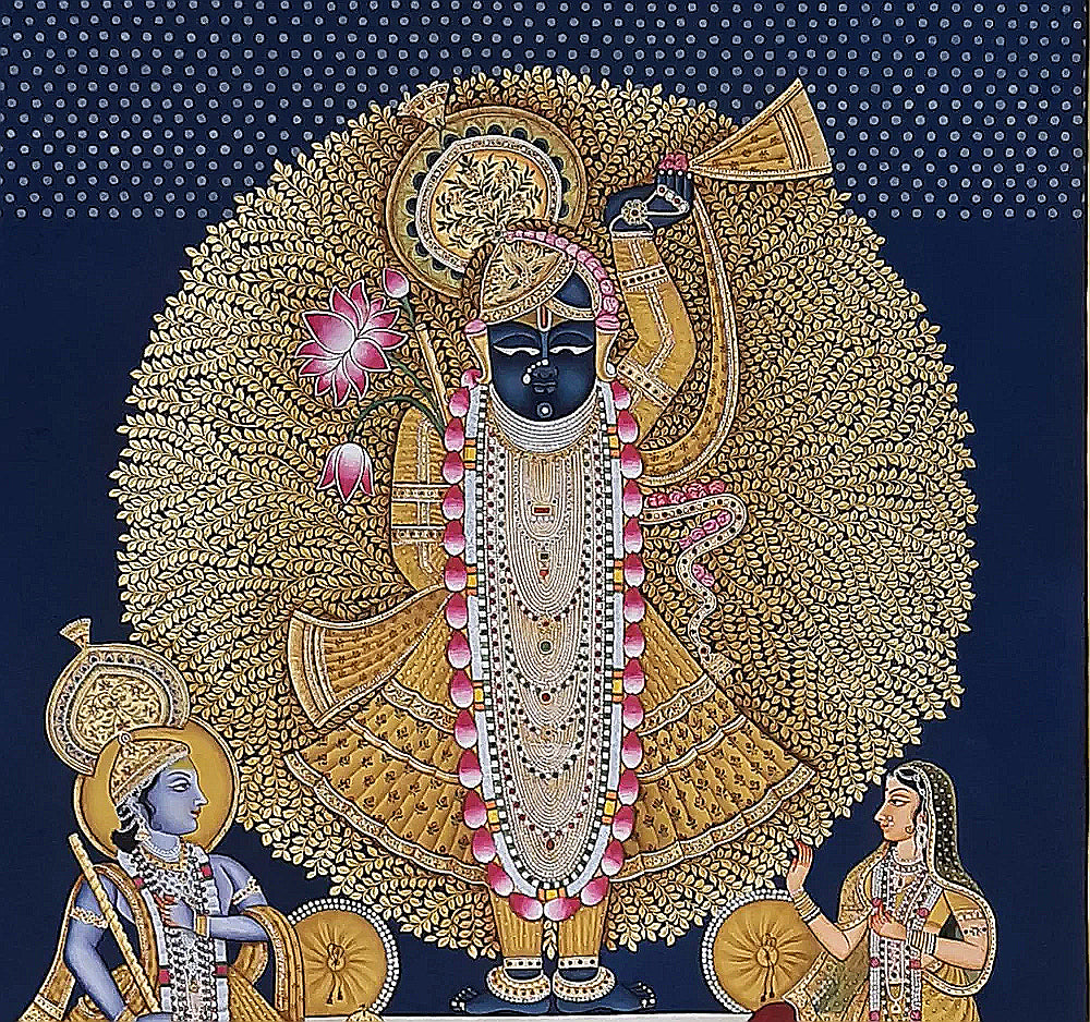 Shrinathji Pichwai Painting: Gold Foil & Watercolor