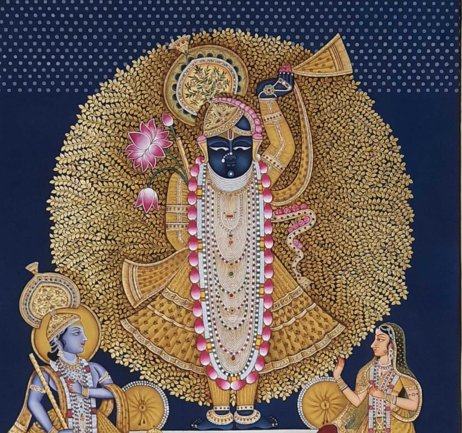 Traditional Pichwai painting of Shrinathji rendered in watercolor with gold accents