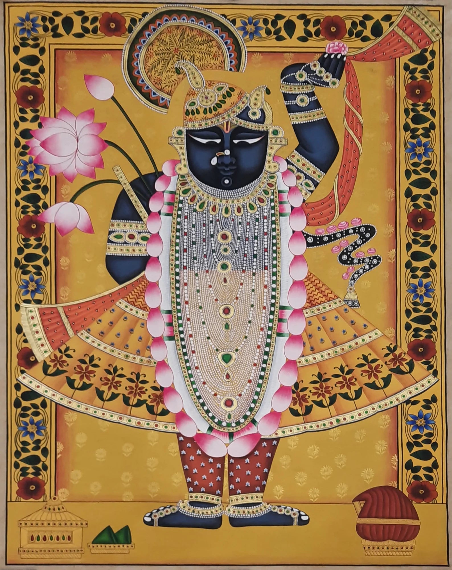 Hand-painted Pichwai artwork of Lord Shrinathji with intricate devotional detailing