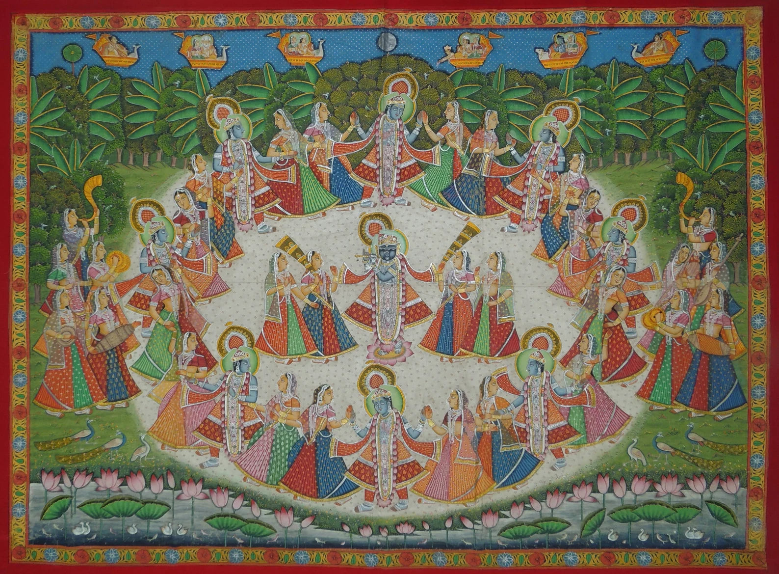 Hand-painted Shrinathji Raas Leela Pichwai painting depicting a vibrant devotional dance scene
