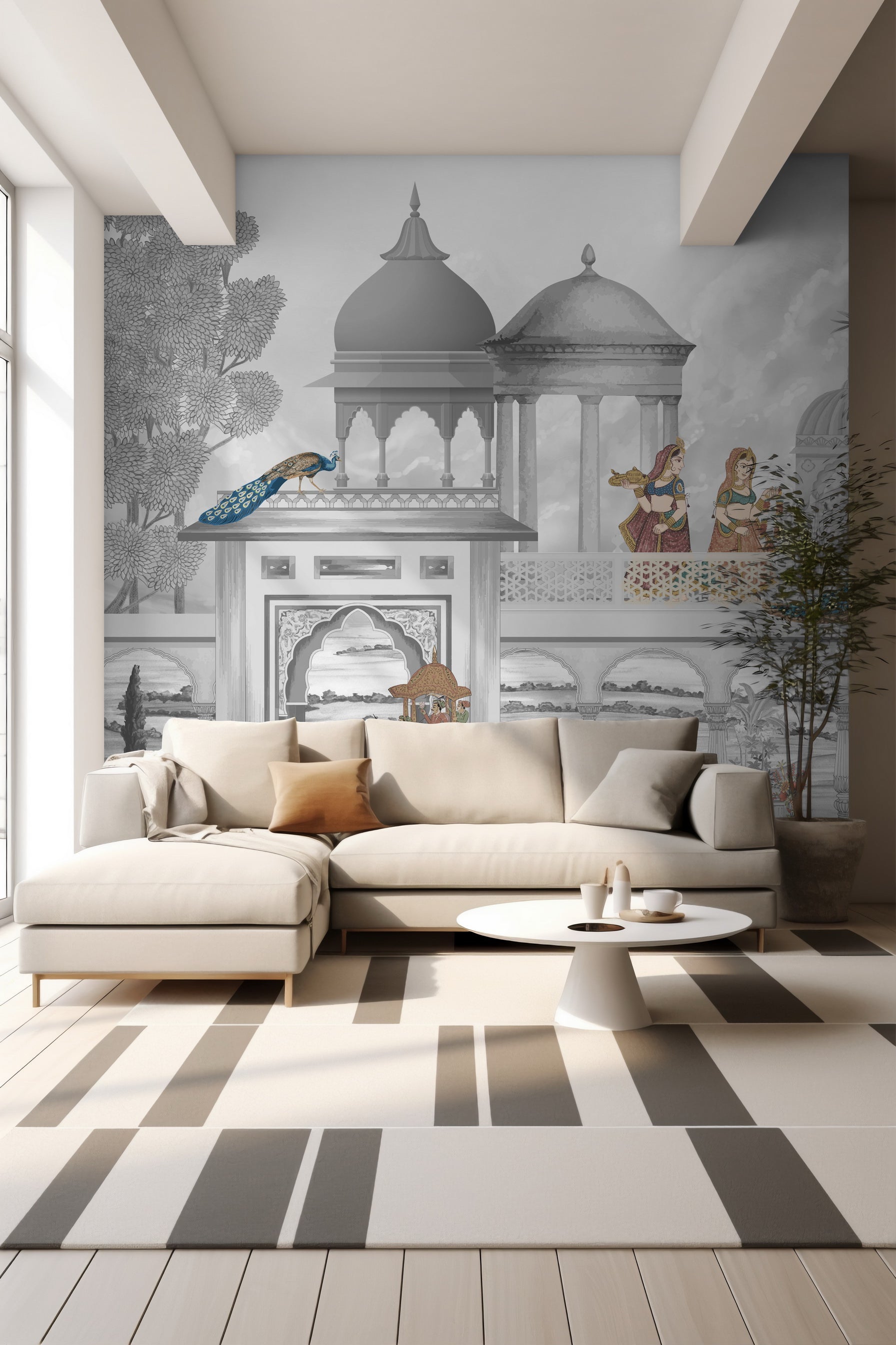 Expansive wall mural designed with Shringaar inspired balcony architecture to create a poised and sophisticated interior statement