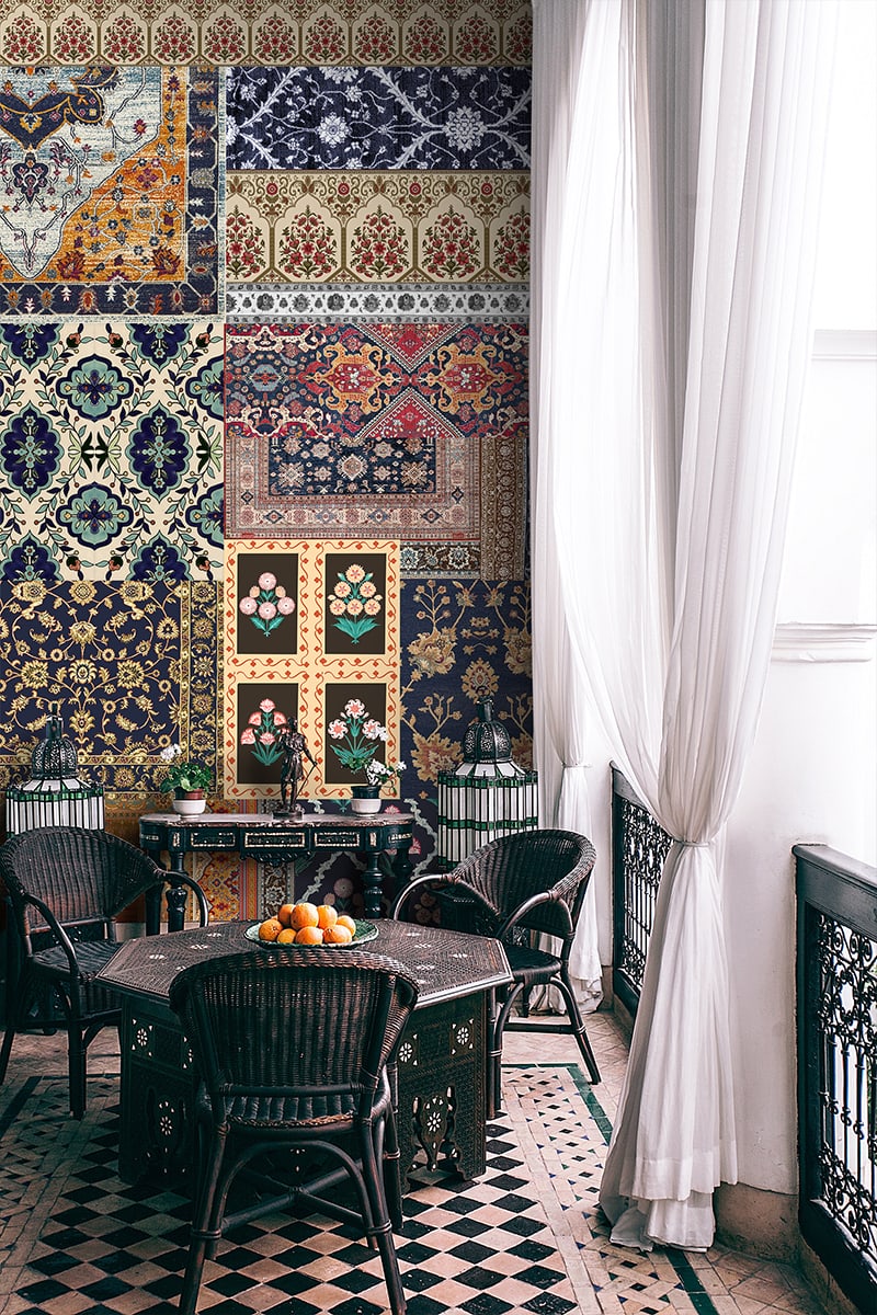 Silk looms inspired wall design featuring Banaras motifs with rich woven textures and a luxurious textile heritage aesthetic