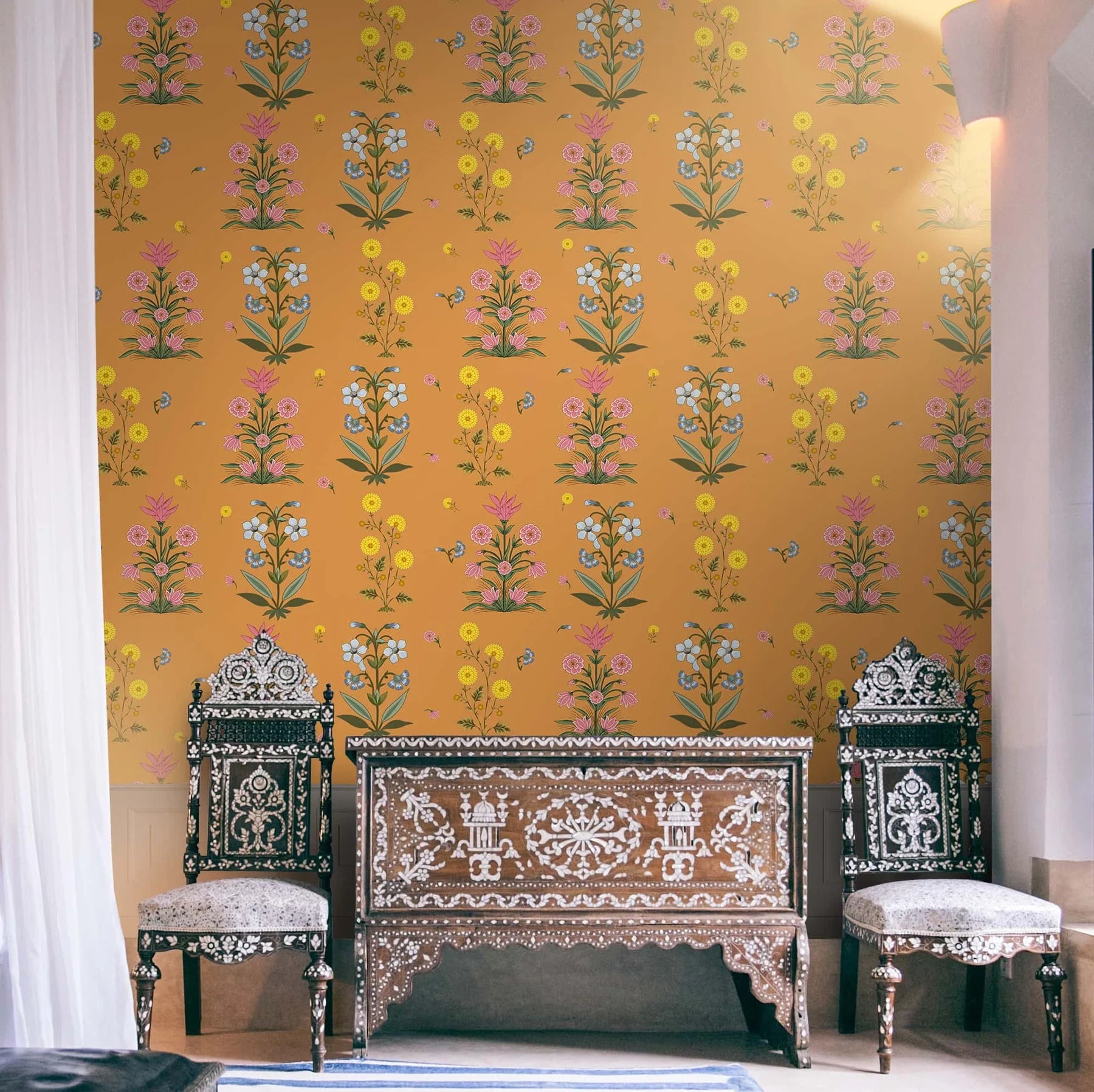 Garden inspired wall design with Smriti styling, blending fullness, softness, and refined floral harmony