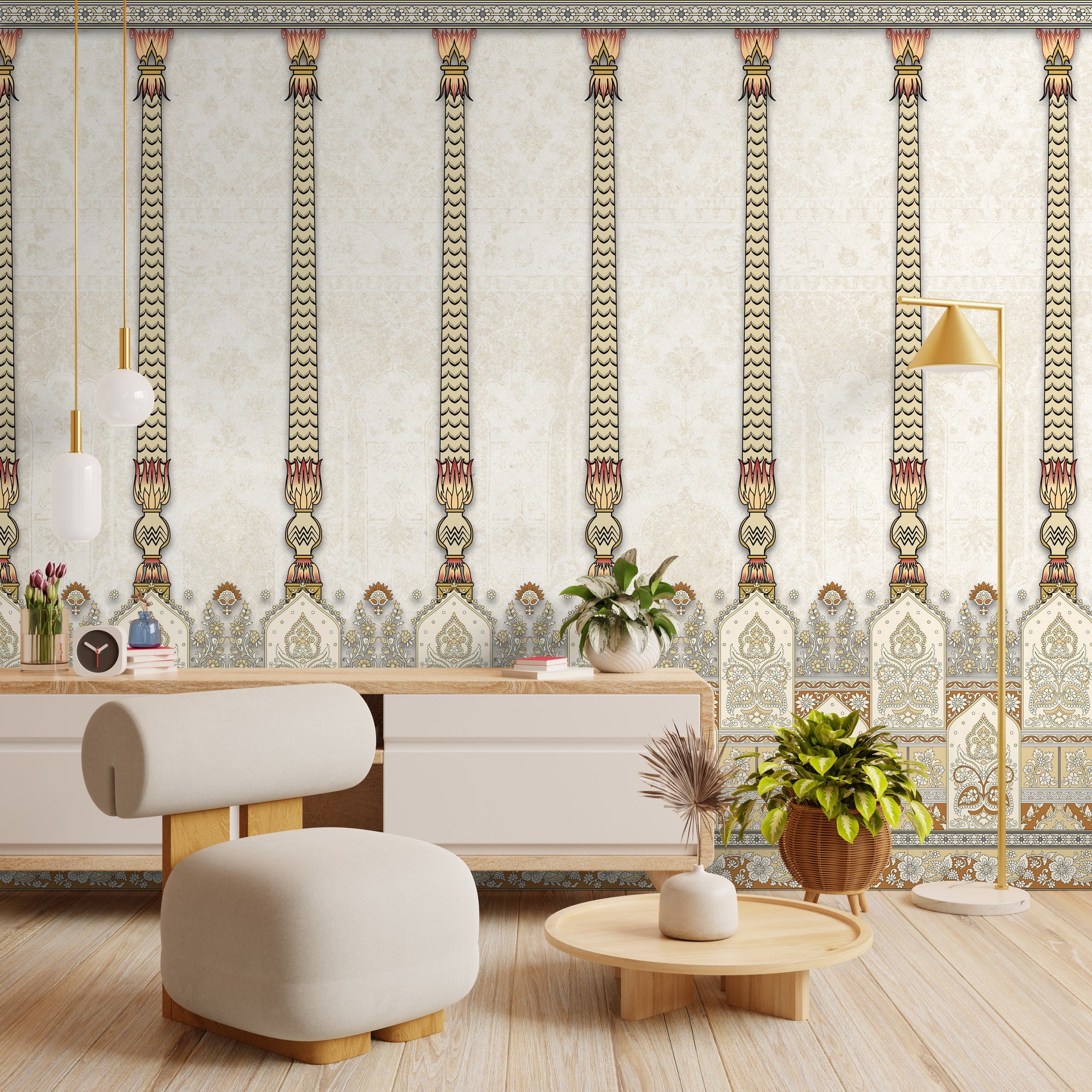 Traditional wall design inspired by Stambh columns, blending architectural rhythm and refined ornamental detailing