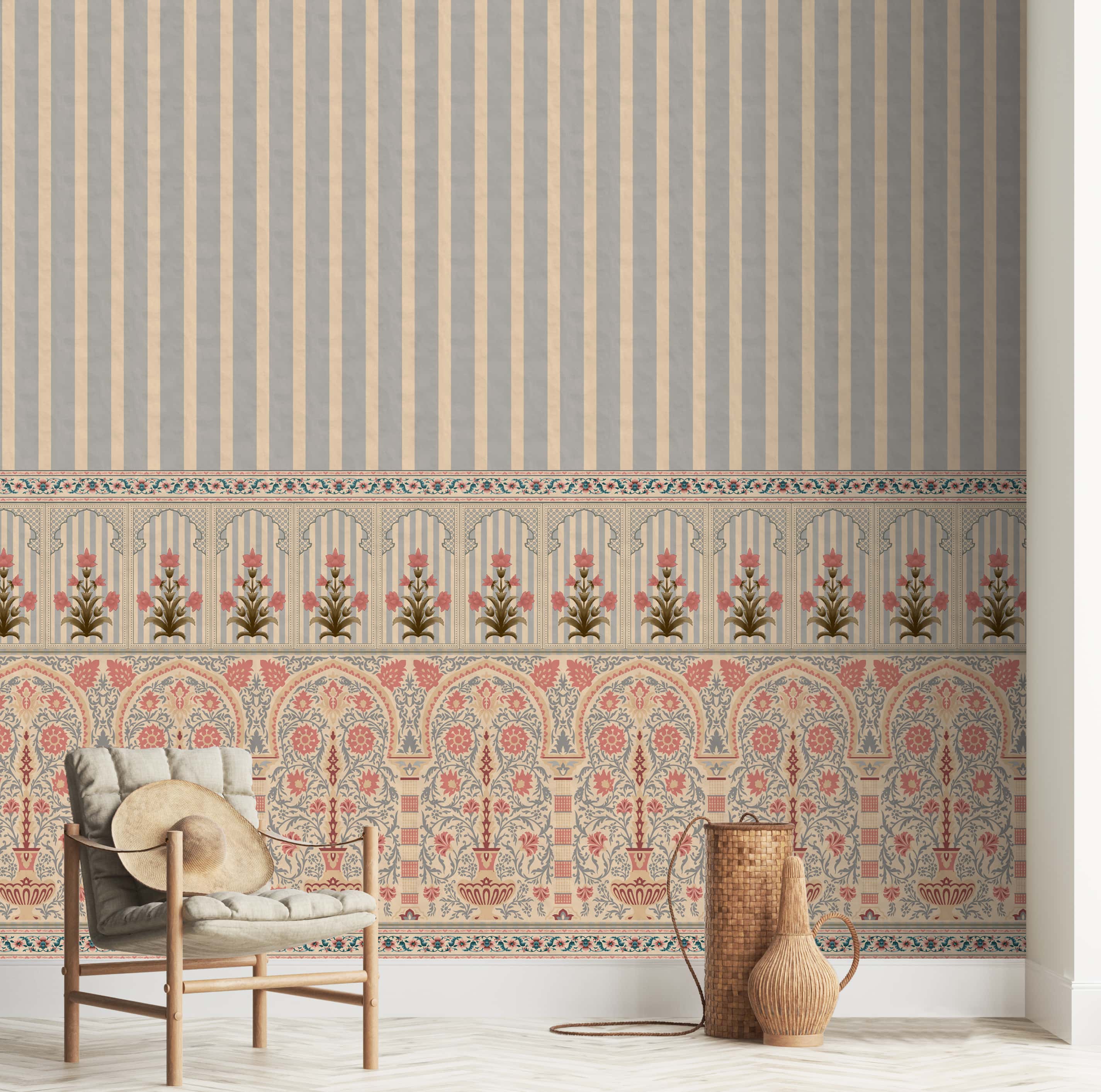 Kusum: Indian Floral Jharokha and Stripes Design Wallpaper - customized traditional wallpaper