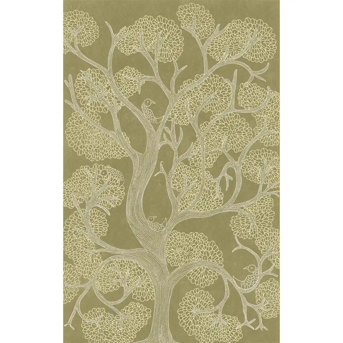 Seamless olive green wallpaper pattern inspired by traditional Madhubani line work