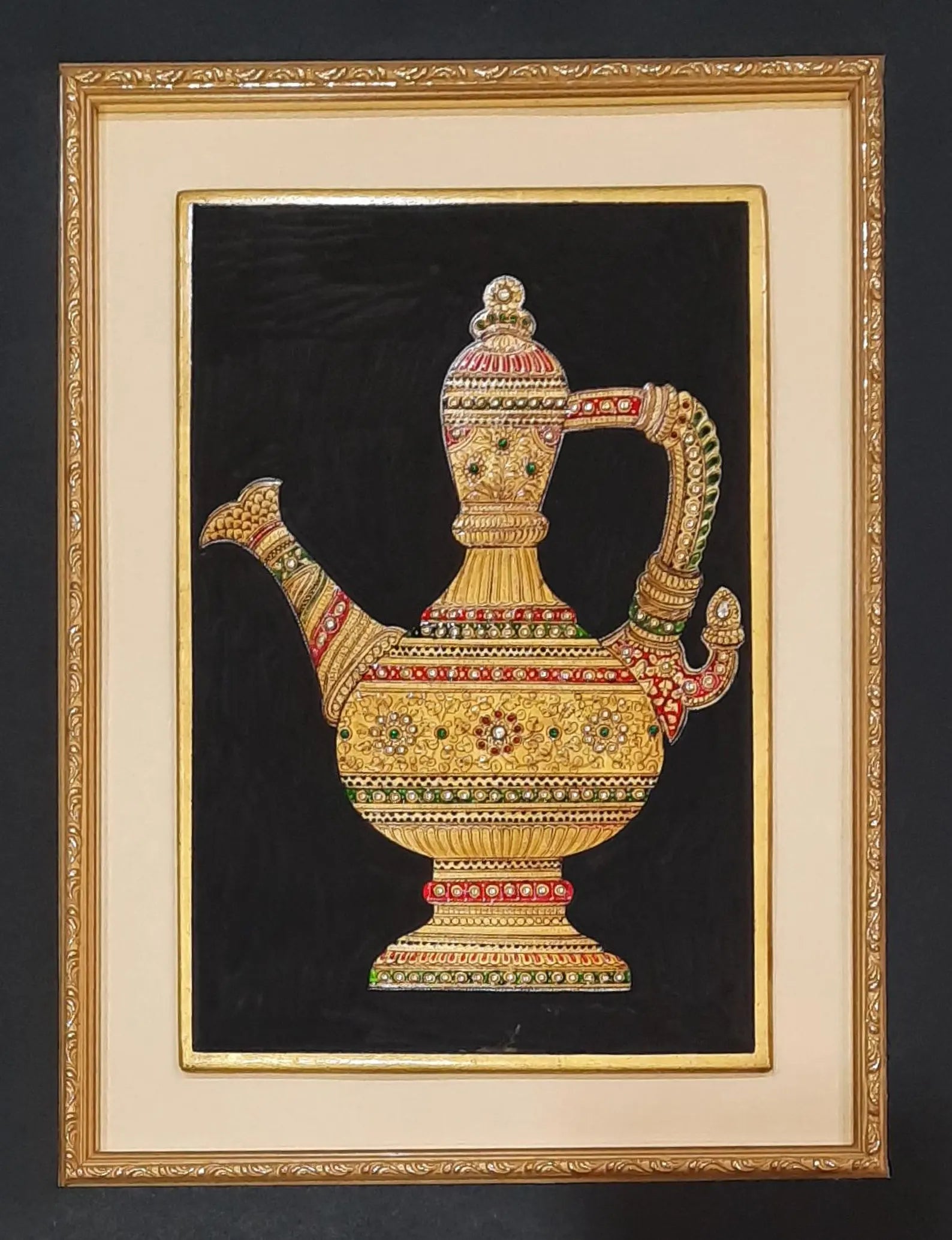 Indian miniature painting on marble plate depicting a ceremonial surai vessel with ornate detailing