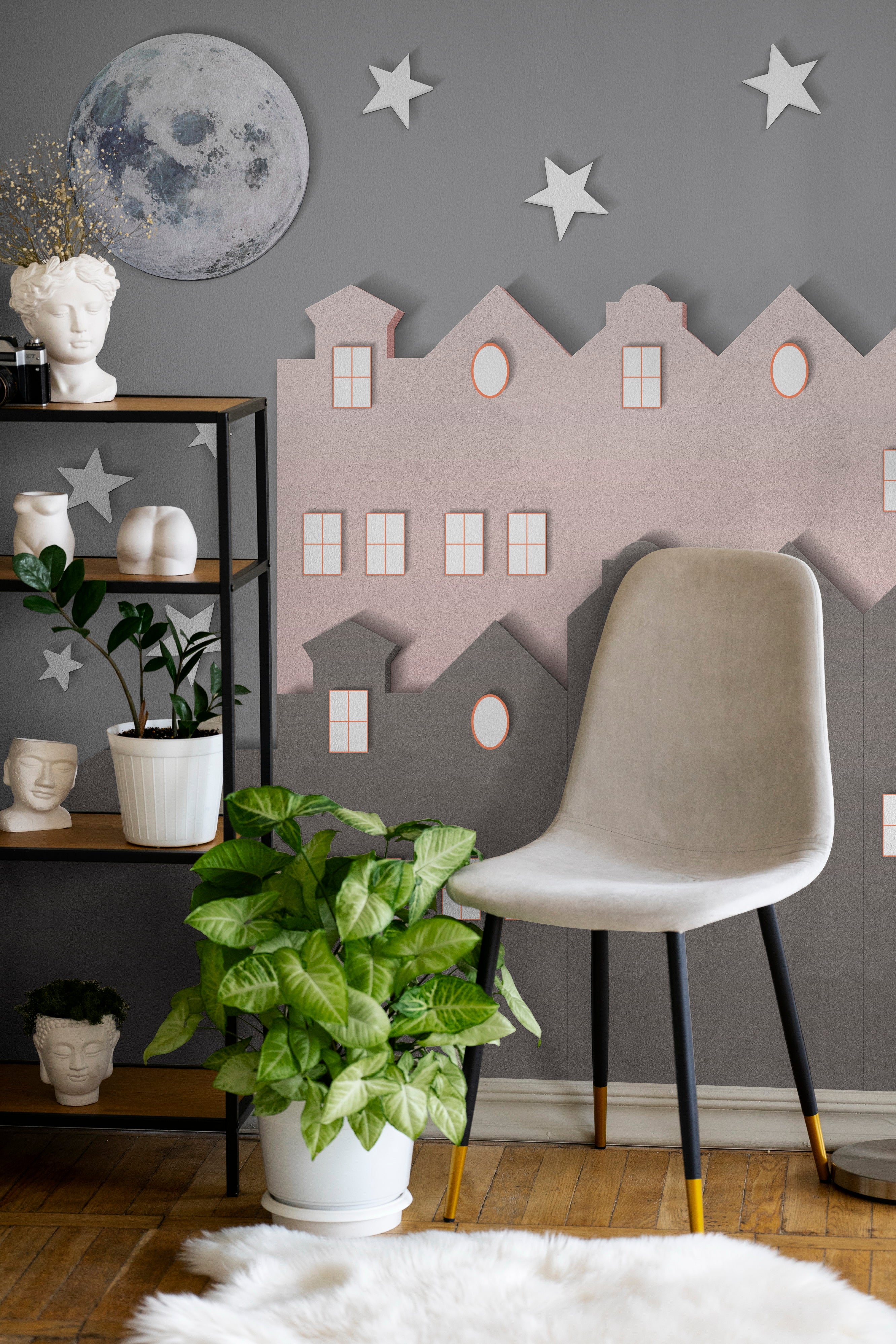 Urban wall design inspired by Tara Nagari showcasing a cityscape blended with cosmic elements and luminous depth