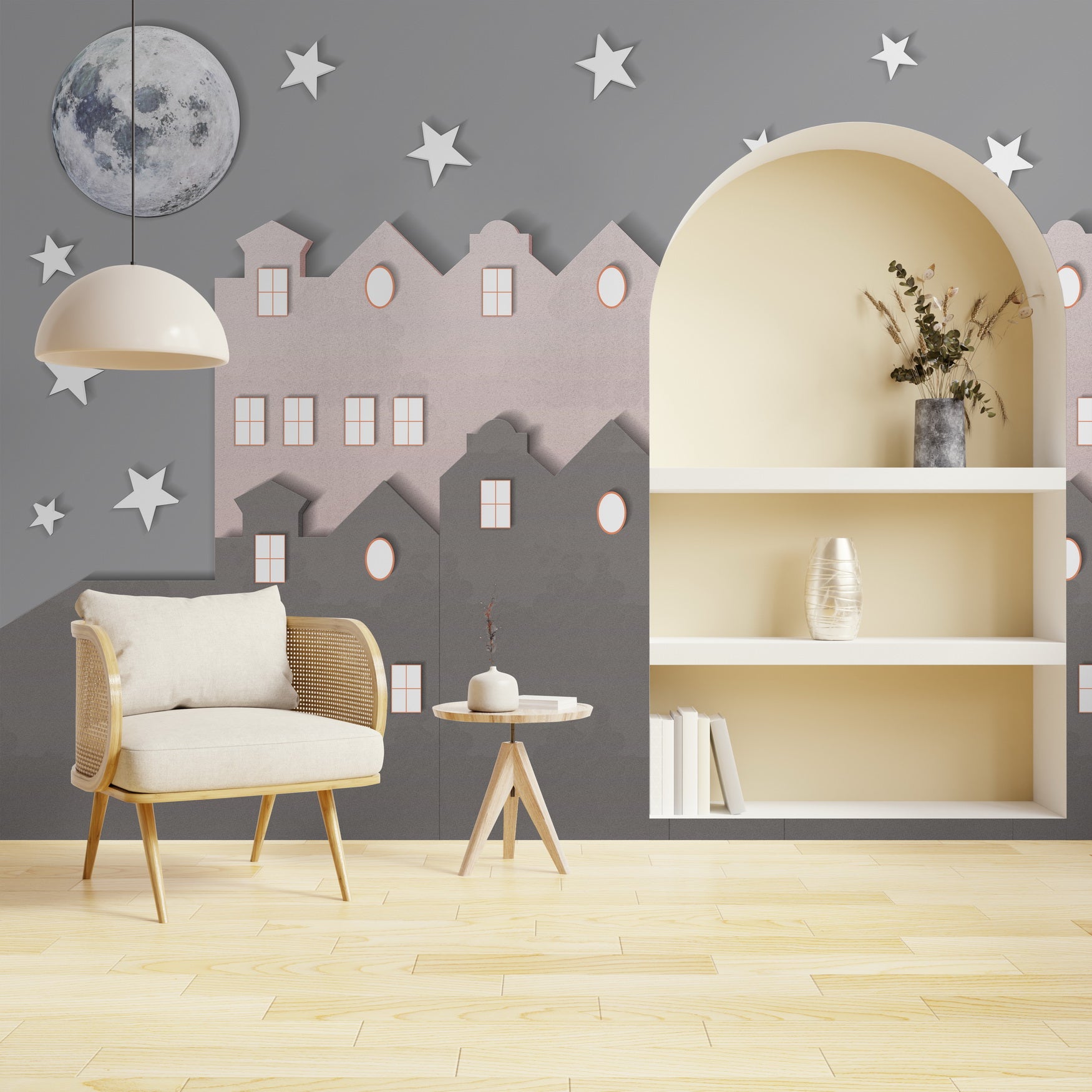 Futuristic wall artwork inspired by Tara Nagari with glowing city lines and a cosmic visual rhythm