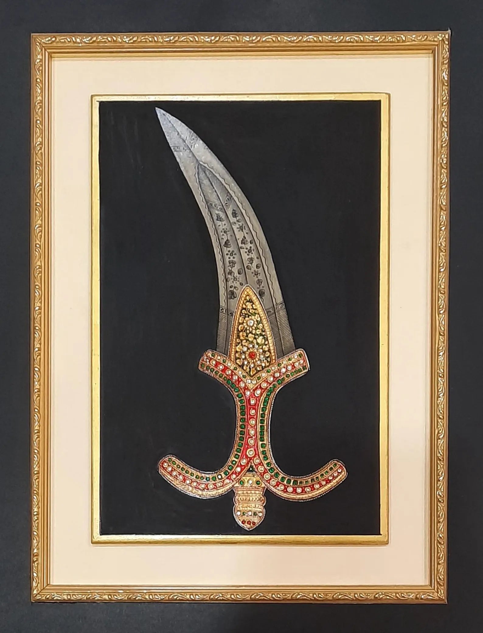 Traditional miniature dagger painting on marble inspired by Mughal and Rajput courts