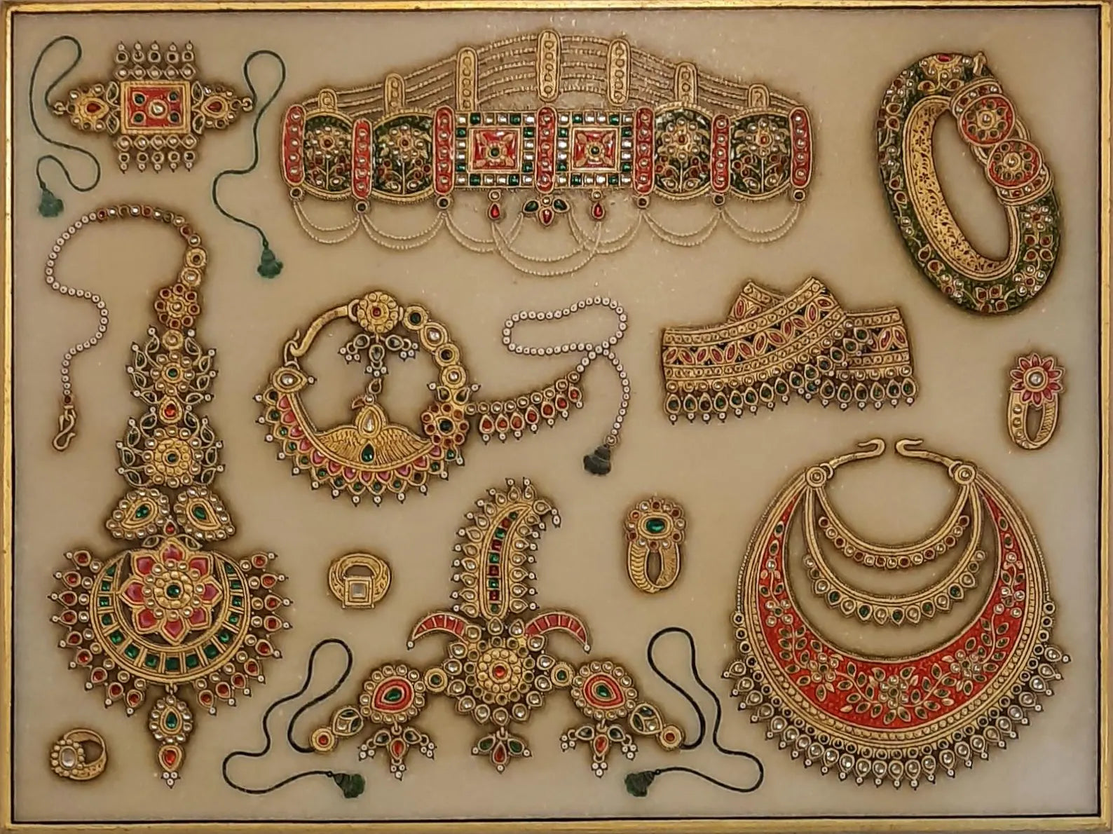Miniature painting on marble illustrating intricate Indian jewelry motifs inspired by royal adornment