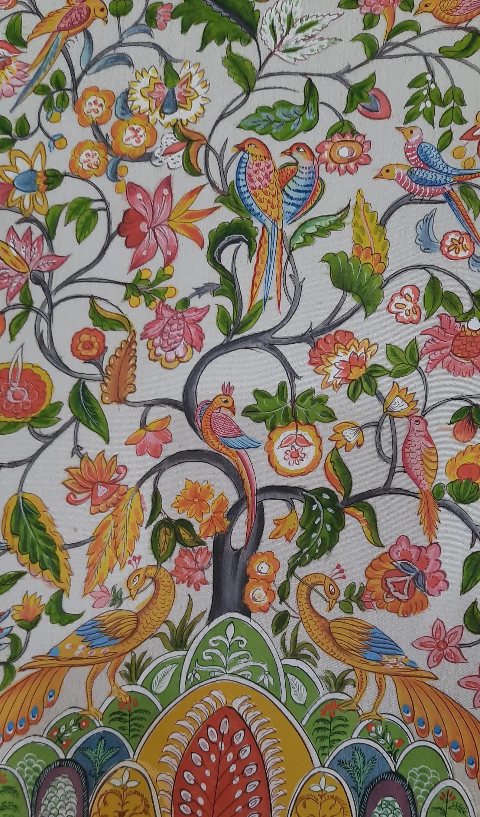 Colorful floral and bird patterned painting