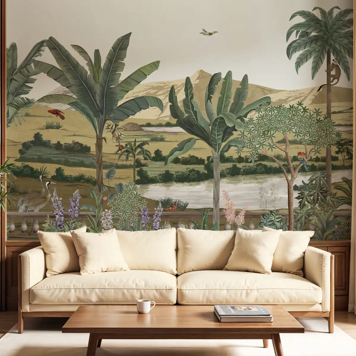 Tropical forest wallpaper styled as a living room accent wall, blending Indian botanical art with warm, nature-driven interior design.