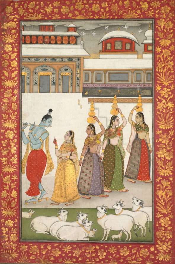 'Gujari Ragini — Krishna with Gopis Playing the Flute' Canvas Cloth Print, c.1750