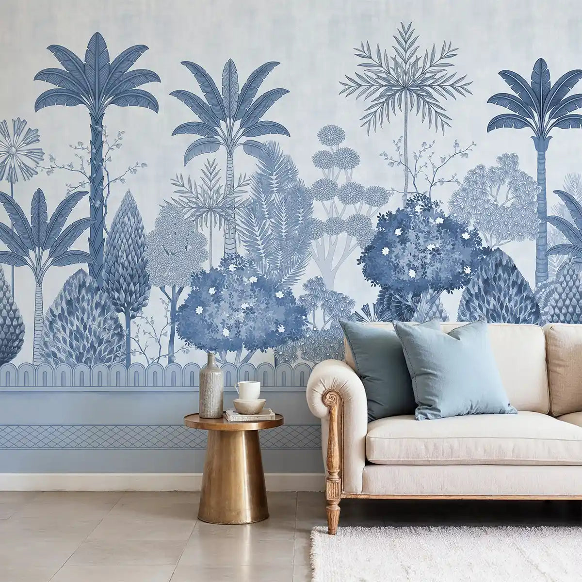 Living room with a decorative wall mural featuring palm trees and floral patterns.