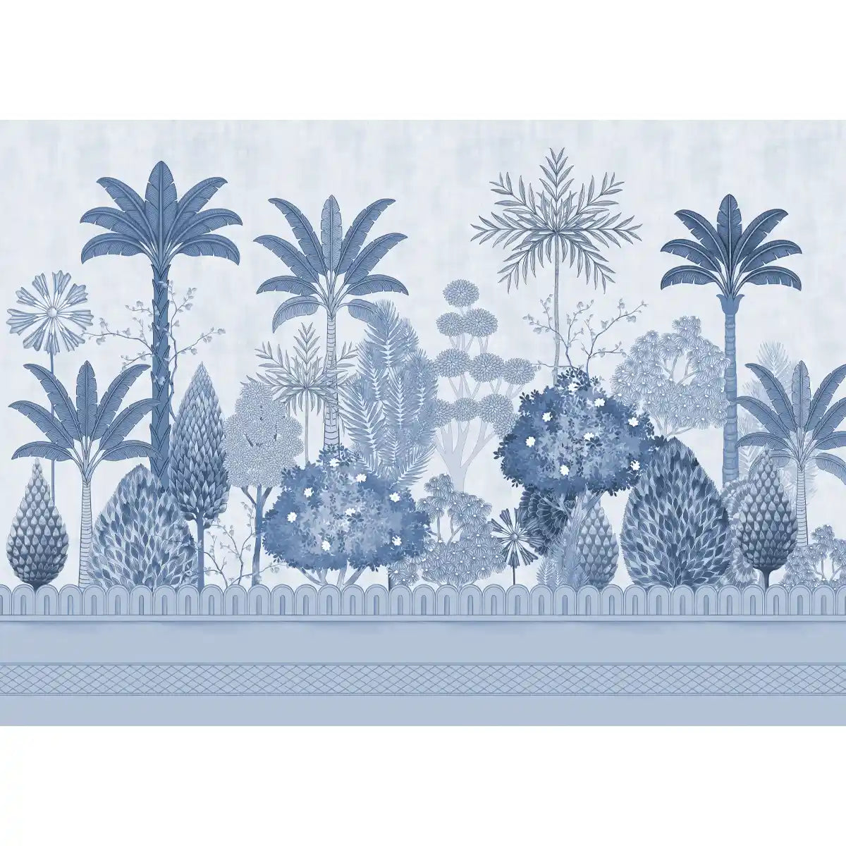 Decorative wallpaper with stylized palm trees and plants in blue on a light blue background