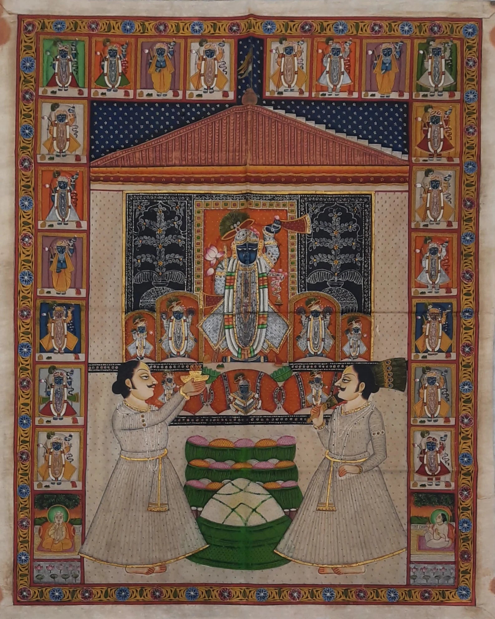 Vintage Pichwai painting depicting Lord Shrinathji with intricate devotional detailing