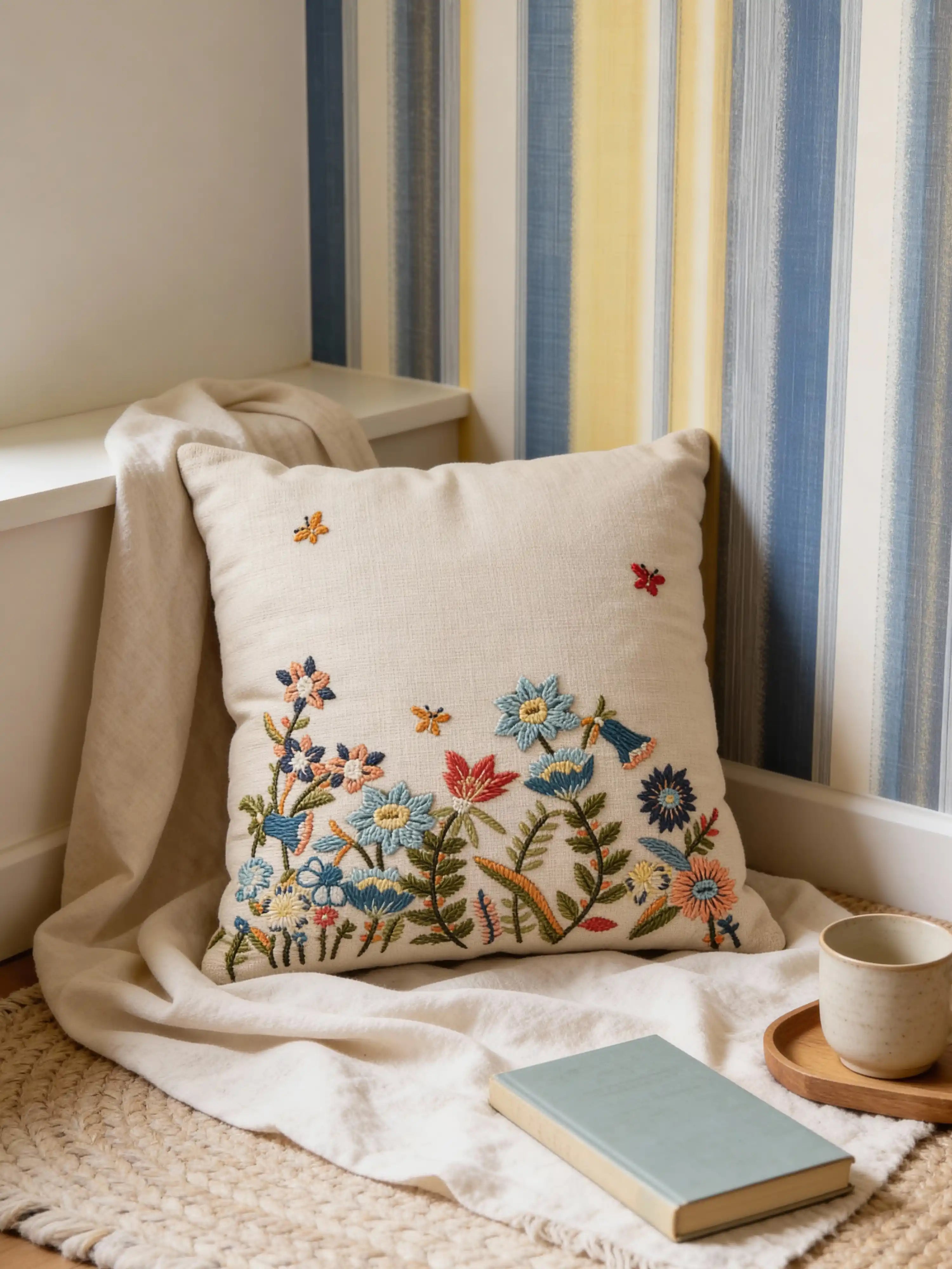 Whispers of Spring cushion cover with hand-embroidered wildflowers and butterflies on ivory linen.
