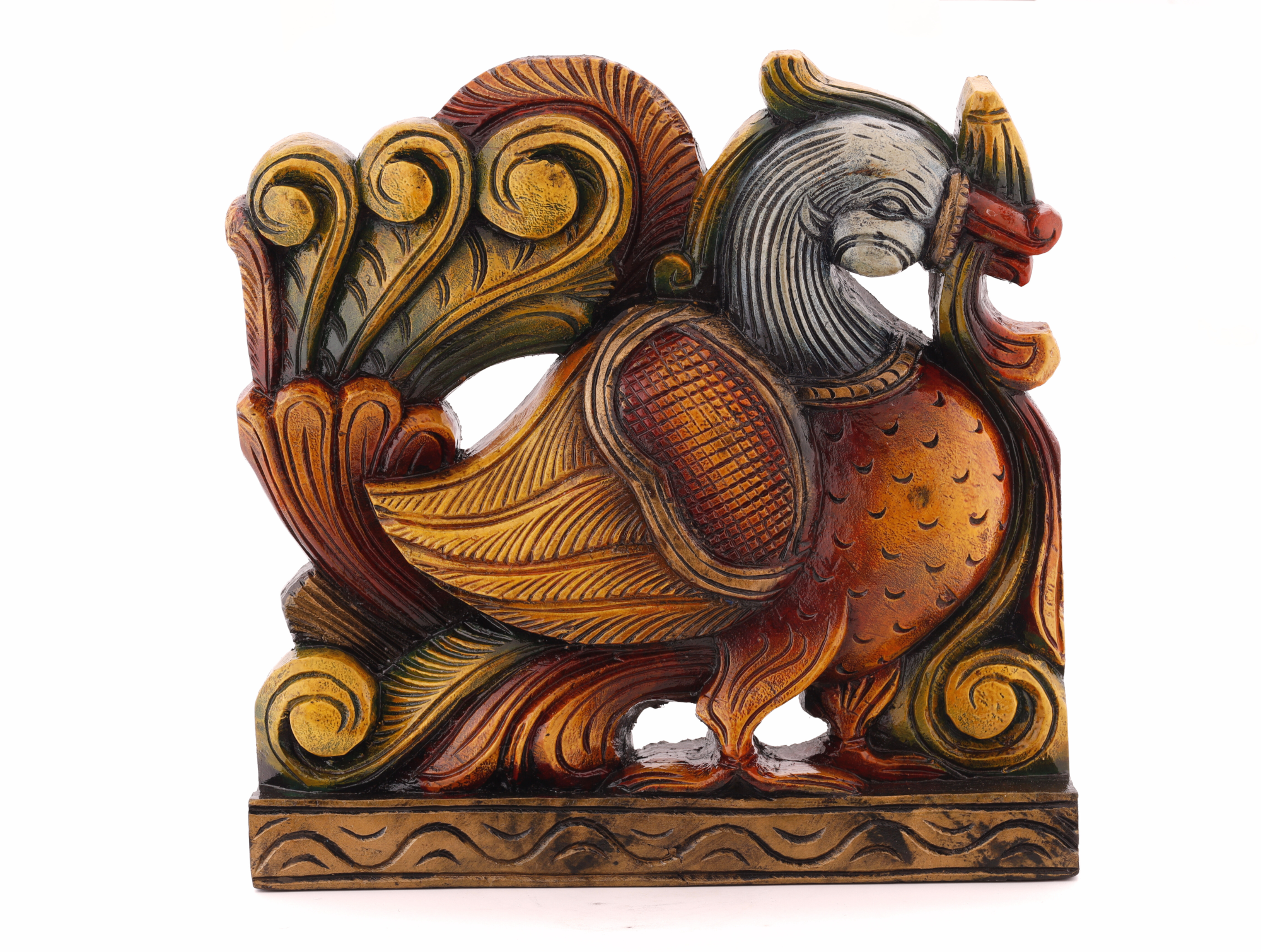 Hand carved wooden peacock sculpture featuring graceful detailing and symbolic elegance for refined home décor