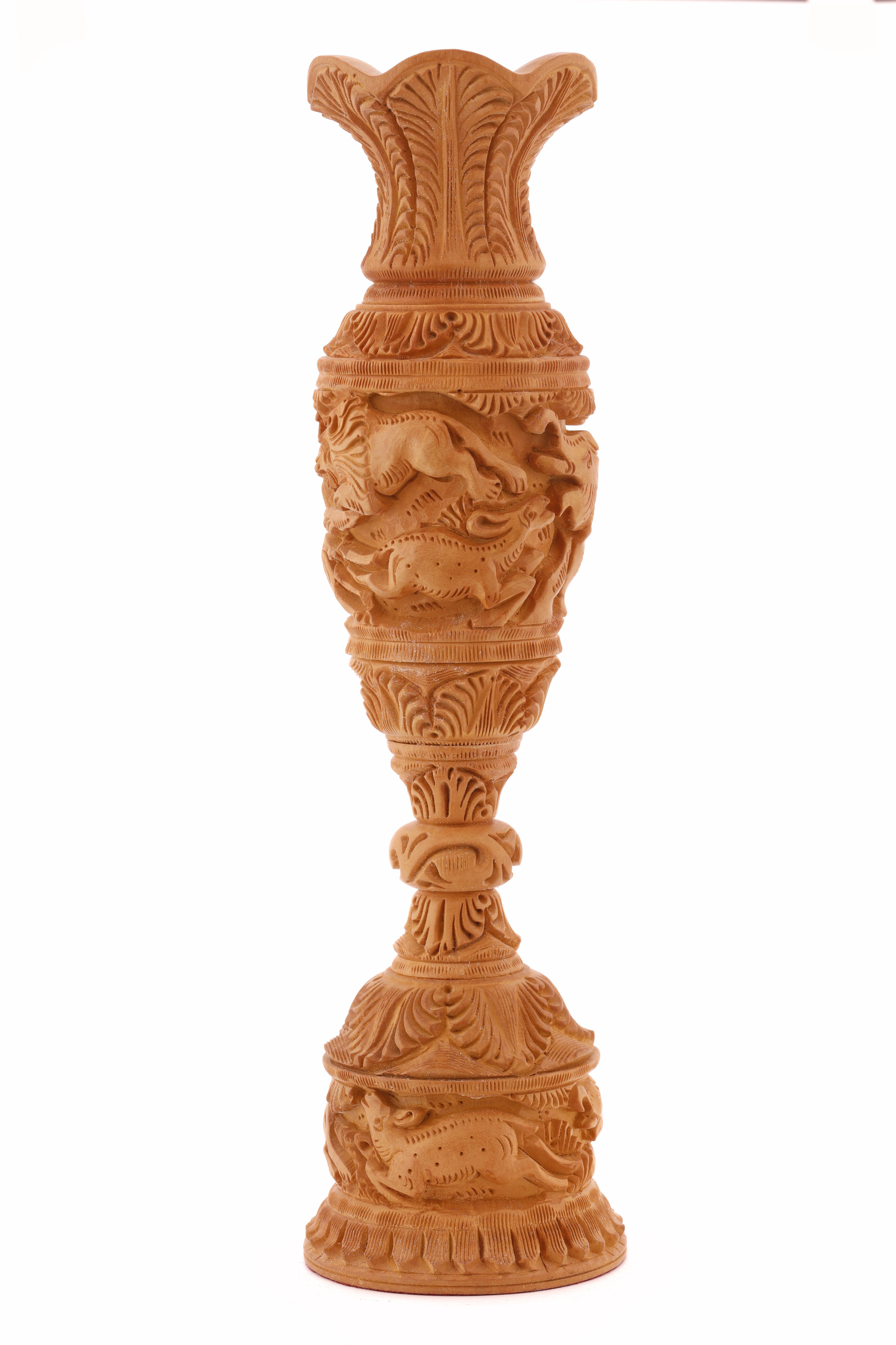 Side view of carved wooden vase highlighting depth, texture, and natural wood grain