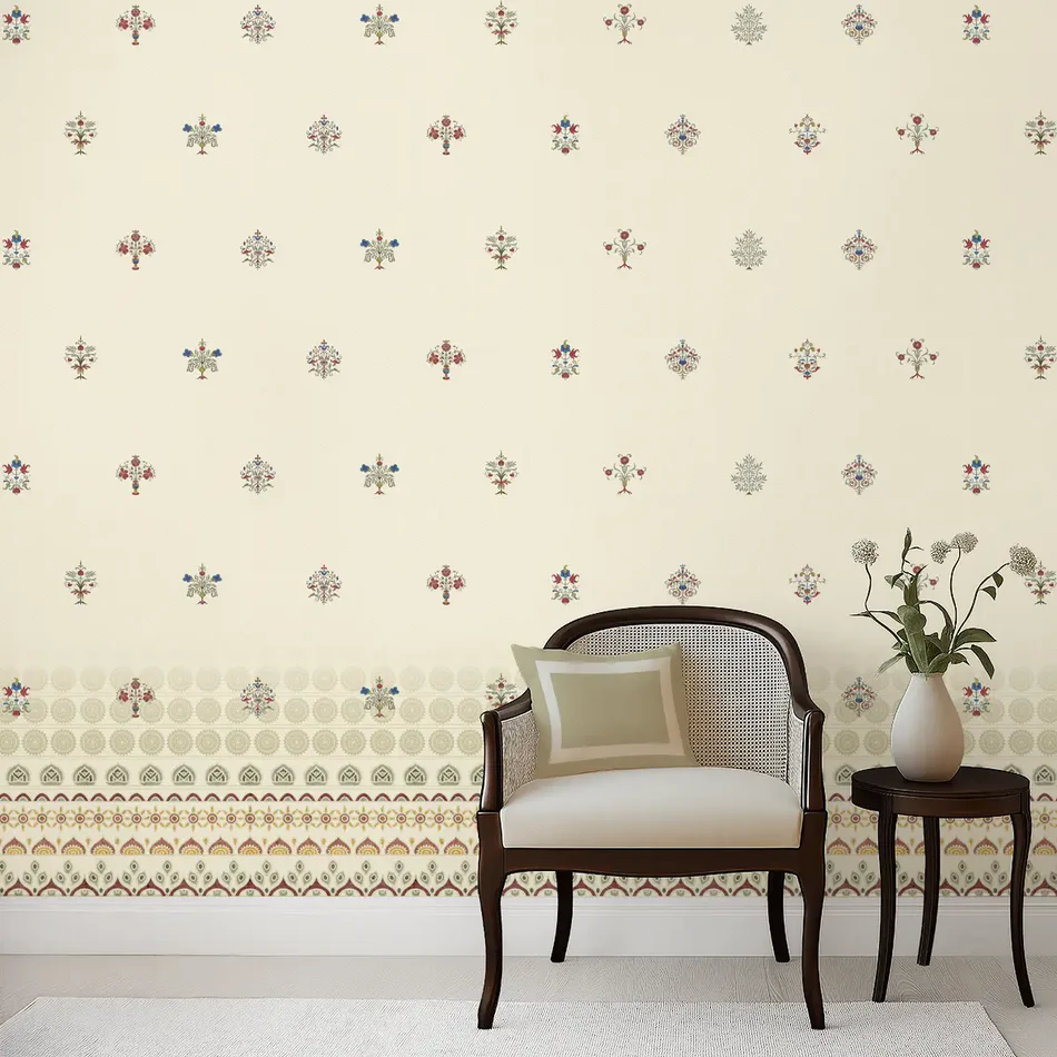 Yellow Indian motif wallpaper with repeating traditional patterns inspired by palace walls and hand-printed textiles, bringing warmth and heritage charm to interiors.