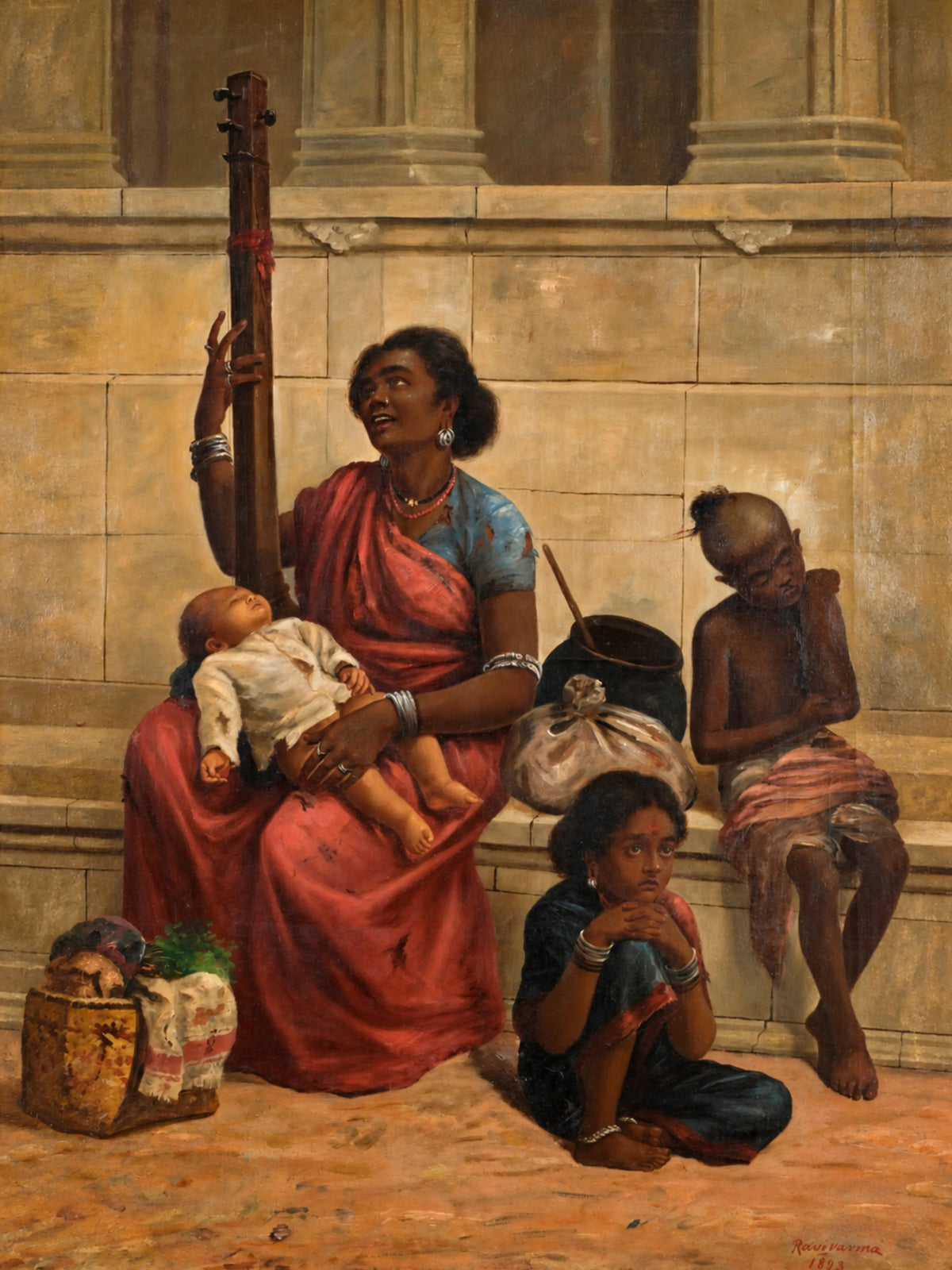 Painting of a mother in a red sari holding a tall tambura and a sleeping baby, two children by a stone wall