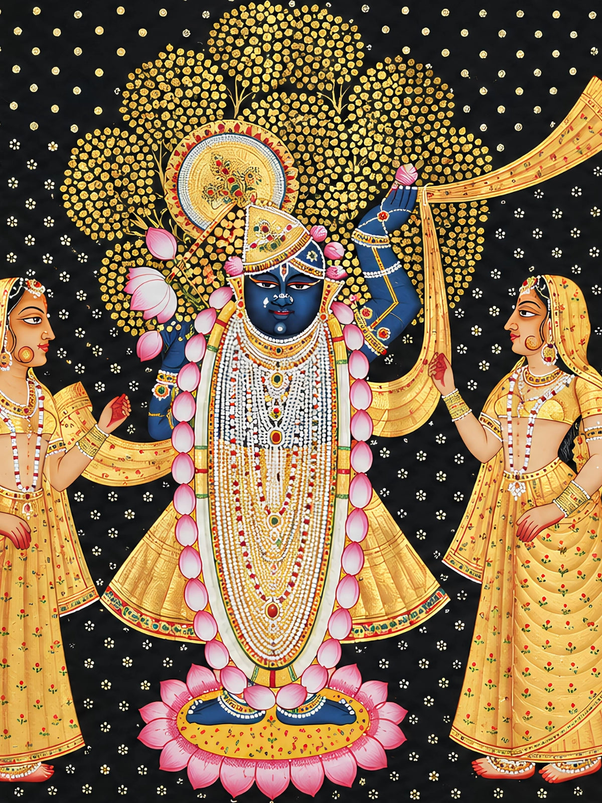 Handpainted – Pichwai – Shrinathji with Four Gopis in Black and Gold