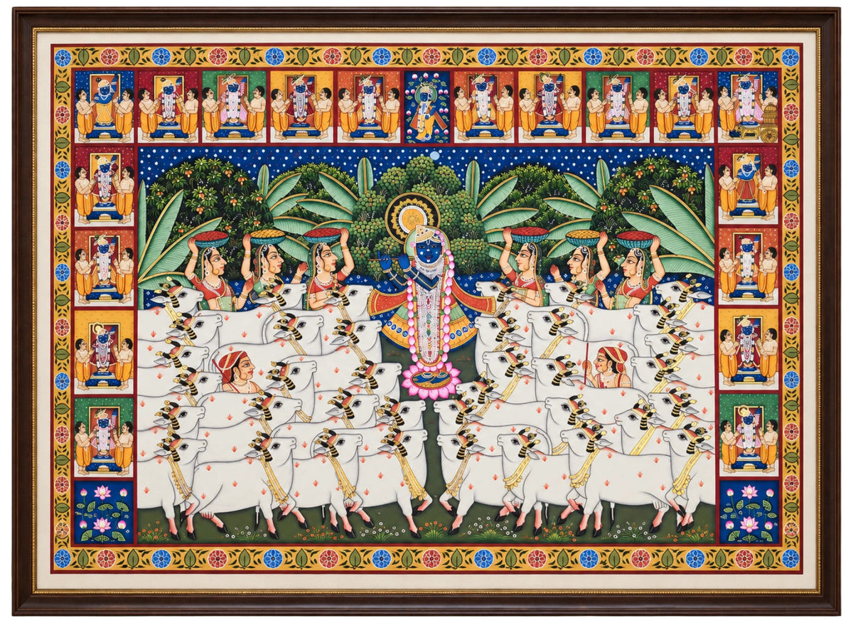 Handpainted – Pichwai – Shrinathji with Cows and Gopis in the Grove