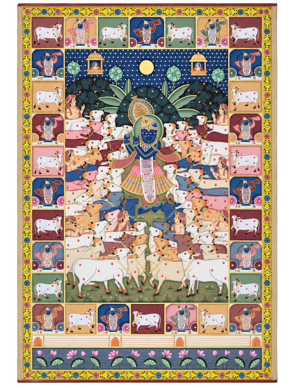 Handpainted – Pichwai – Shrinathji Among the Cows by Moonlight
