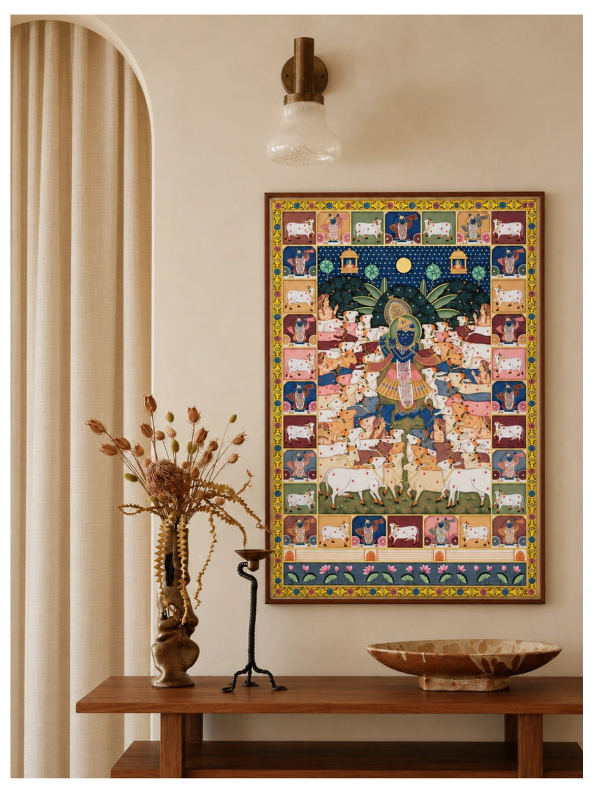 Handpainted – Pichwai – Shrinathji Among the Cows by Moonlight