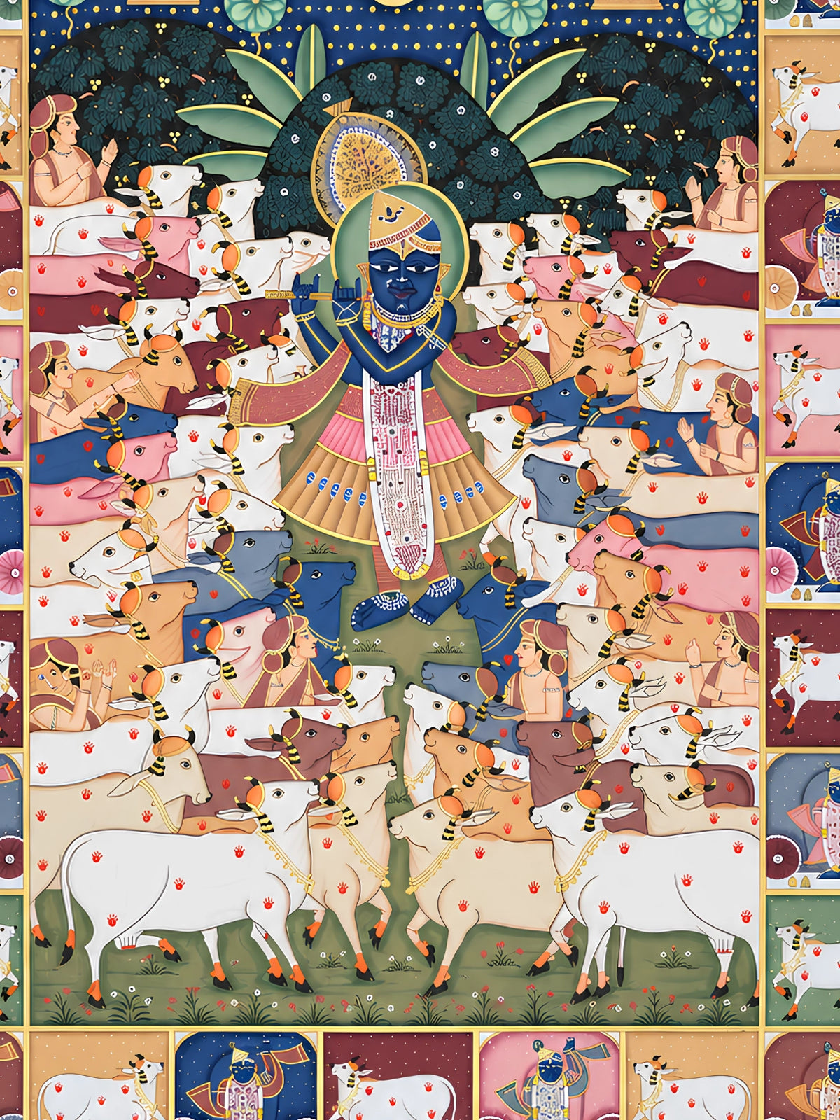 Handpainted – Pichwai – Shrinathji Among the Cows by Moonlight