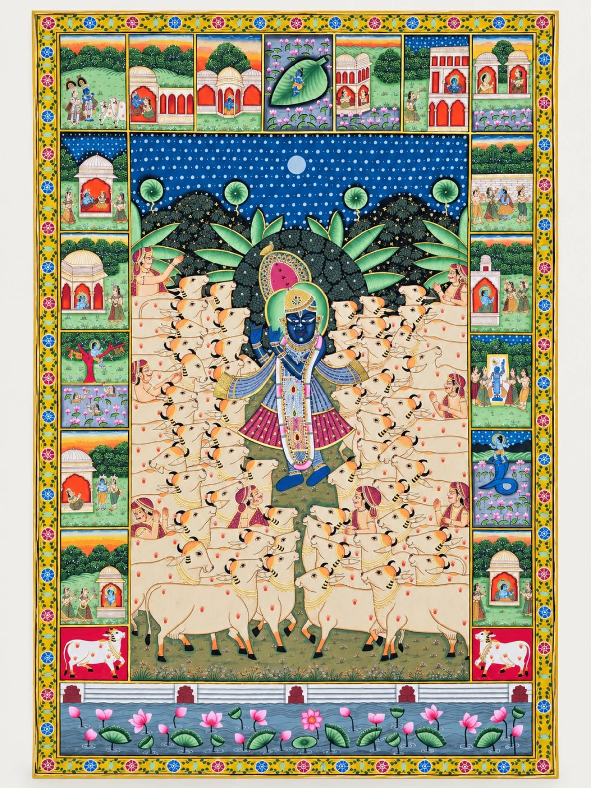 Handpainted – Pichwai – Shrinathji Among the Cows with Leela Panels