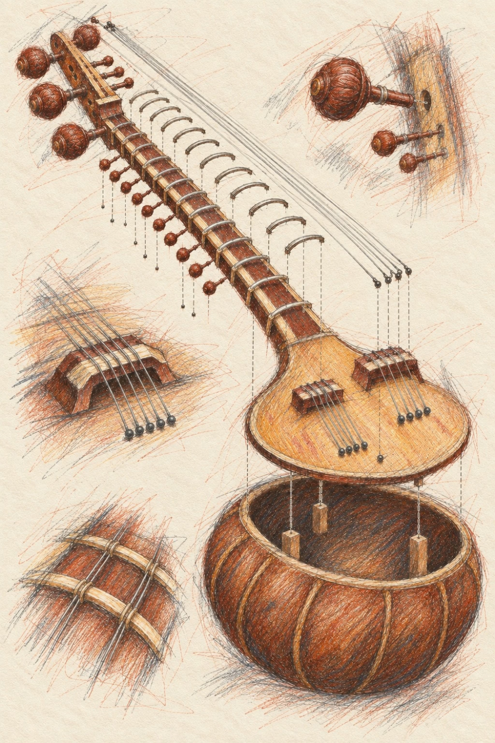 Classical instrument art print of an exploded veena with arched frets, tuning knobs, bridged lid and open ribbed gourd on cream