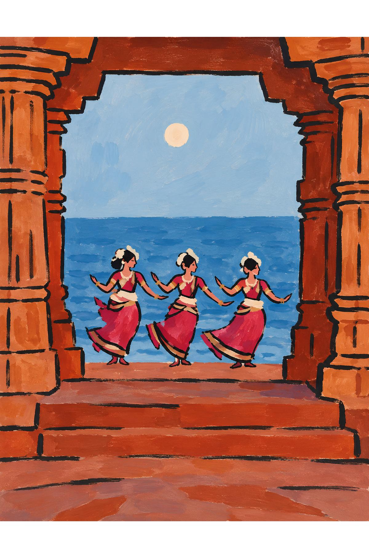 Handpainted Matisse-inspired painting of three dancers in red costumes seen through a carved stone arch, with the sea and a pale moon beyond