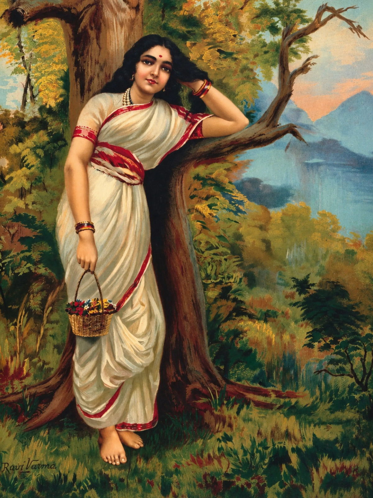 Woman in a white sari with red borders leaning against a tree, a flower basket in hand, hills and lake behind