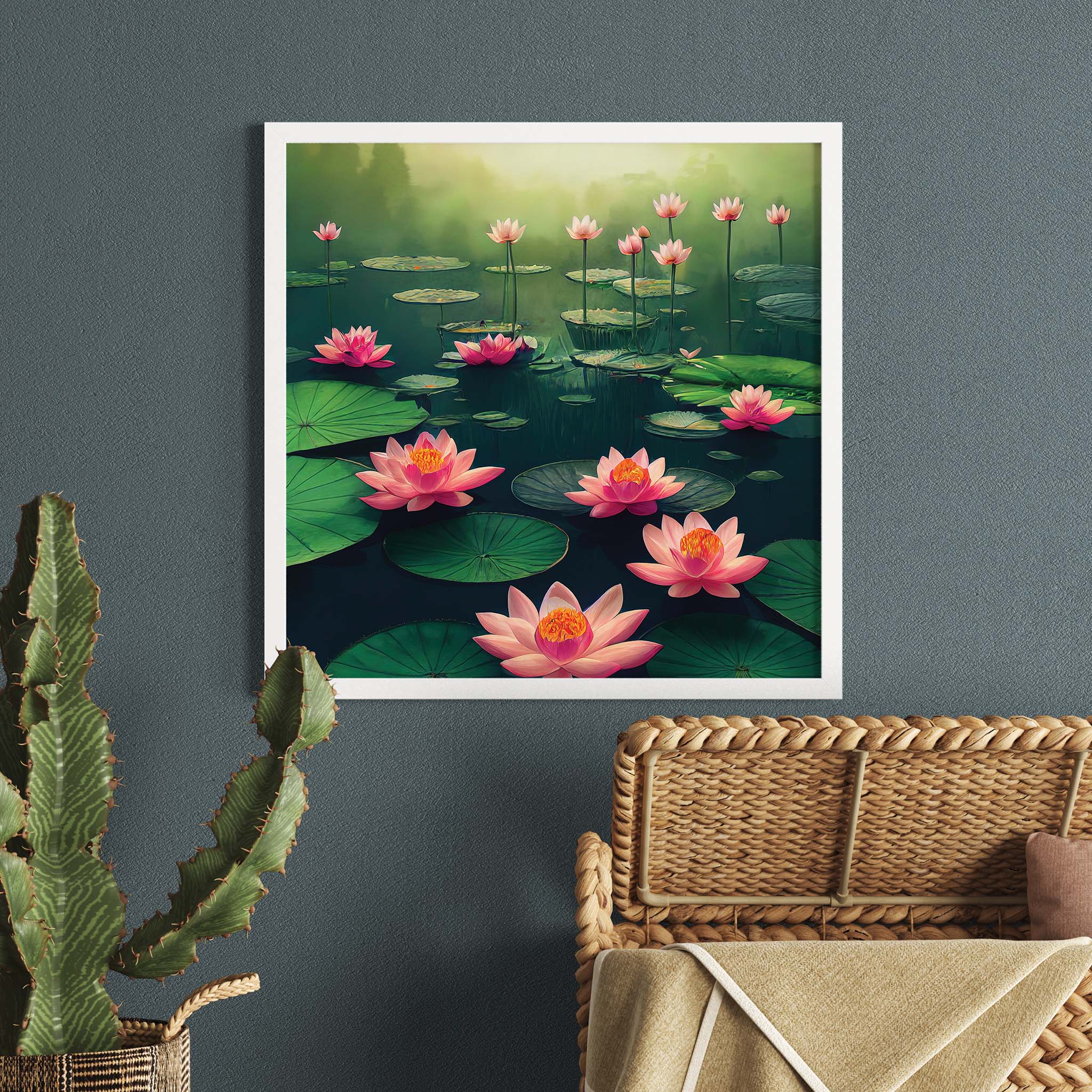 Vibrant Lotuses in a Pond Painting
