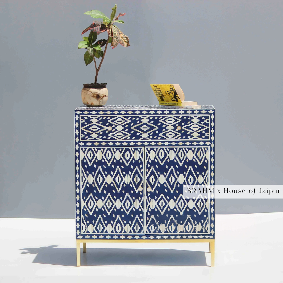 Blue Ikat Bone Inlay Cabinet