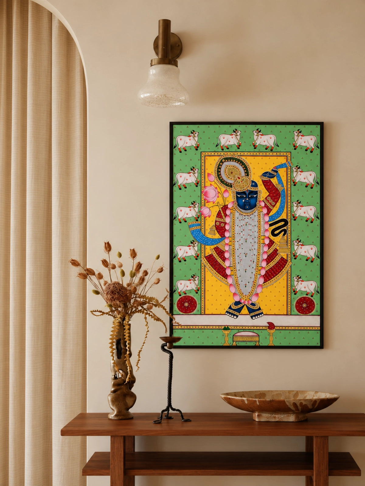 Handpainted – Pichwai – Shrinathji in Meadow Green