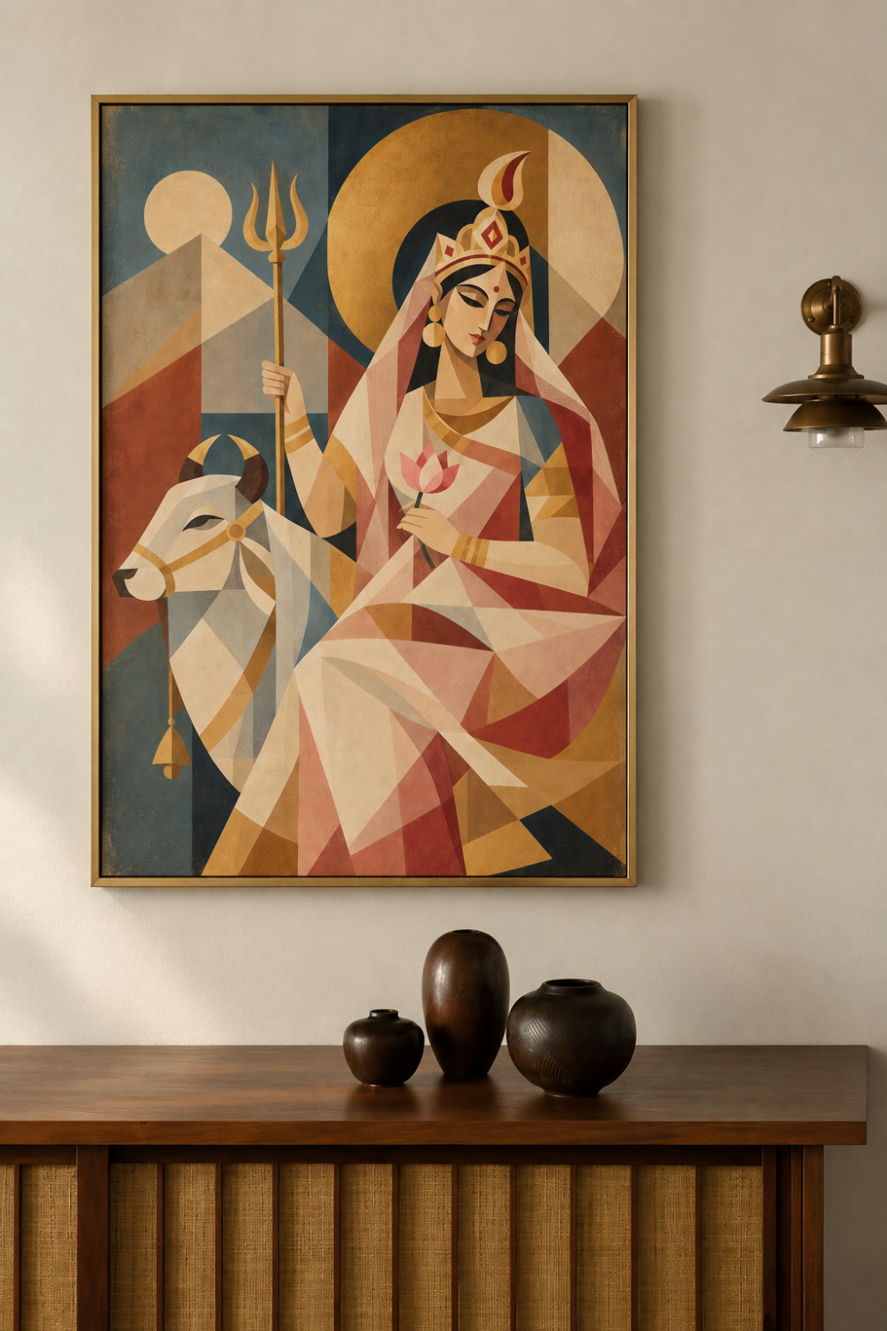 Cubist painting of Goddess Shailaputri framed on a white wall above a wooden sideboard with dark ceramic vases