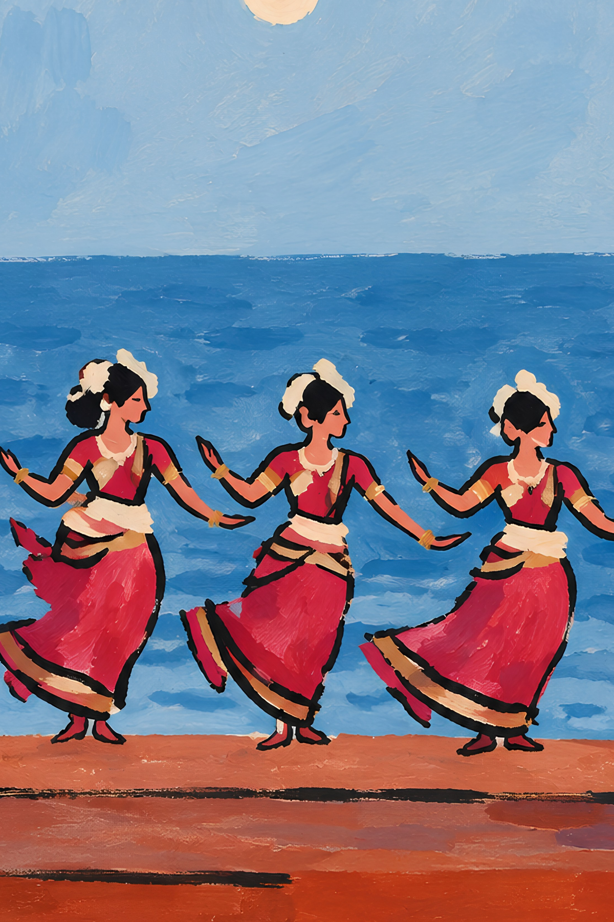 Close-up of three dancers in red costumes against the blue sea and sky in the painting