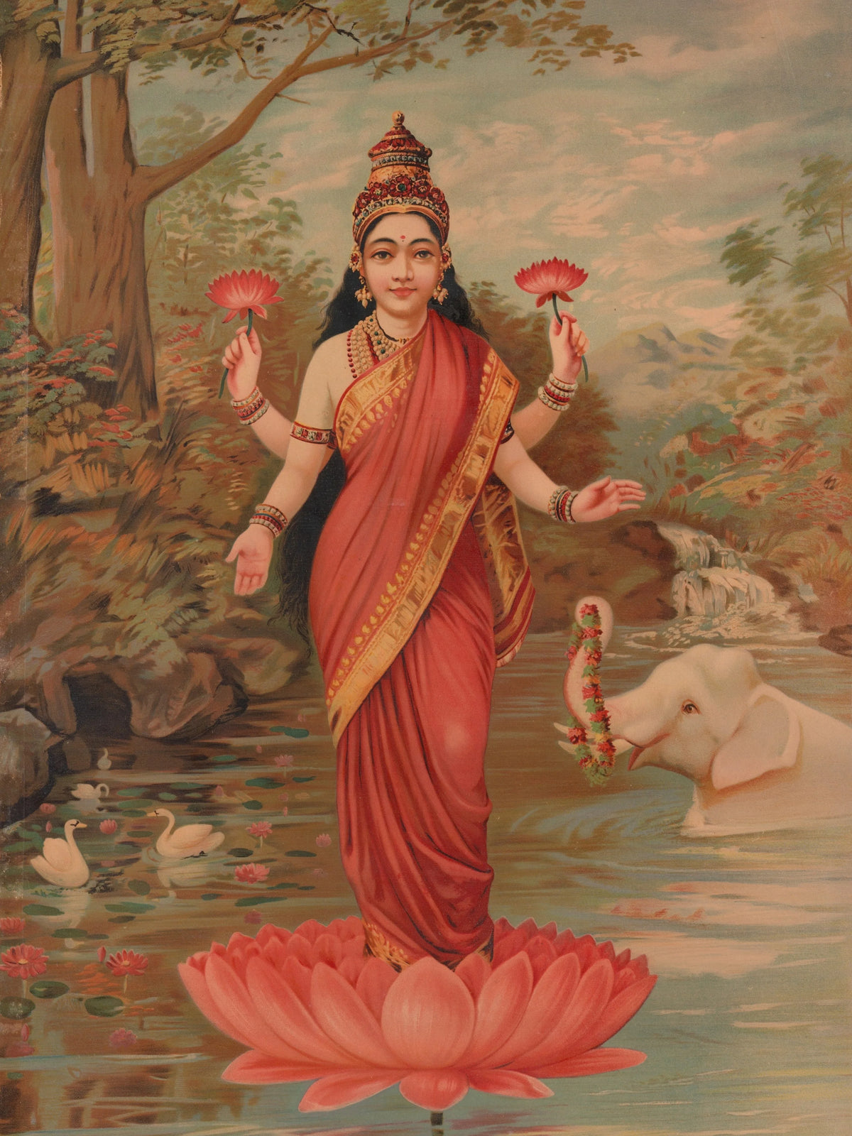 Four-armed Lakshmi in a red sari standing on a pink lotus, holding lotuses, with an elephant and swans in water